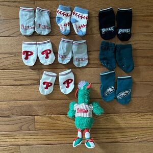Philadelphia Sports Team Baby Socks and Philly Phanatic plush Phillies eagles